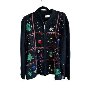 Erika Woman Black Embroidered Full Zip Christmas Sweater Size 2X